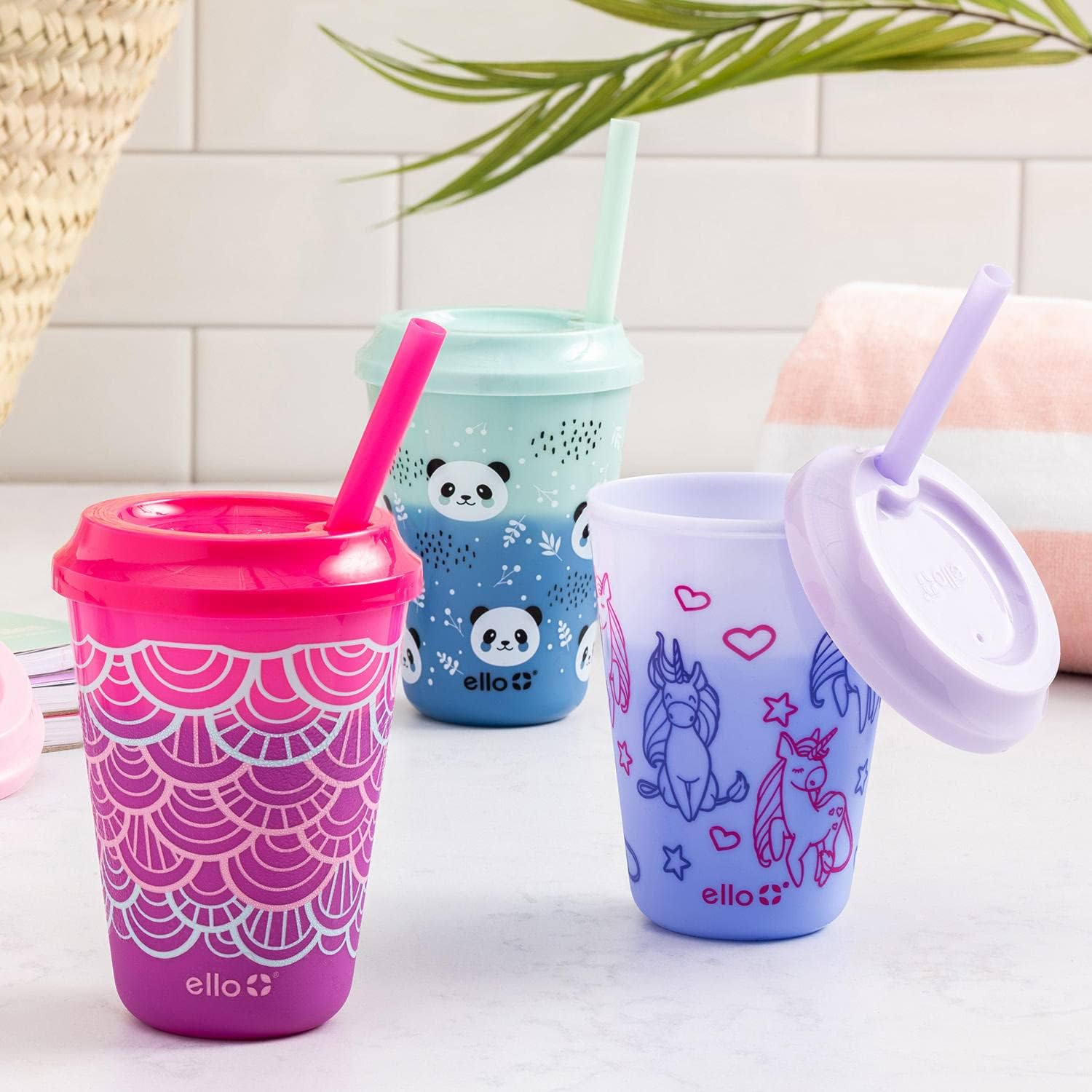 Ello Kids Plastic Reusable Color Changing Cups with Twist on Splash-Proof Lids and Straw, BPA Free, Dishwasher Safe, 12oz, Fruit Pop, 10 Pack