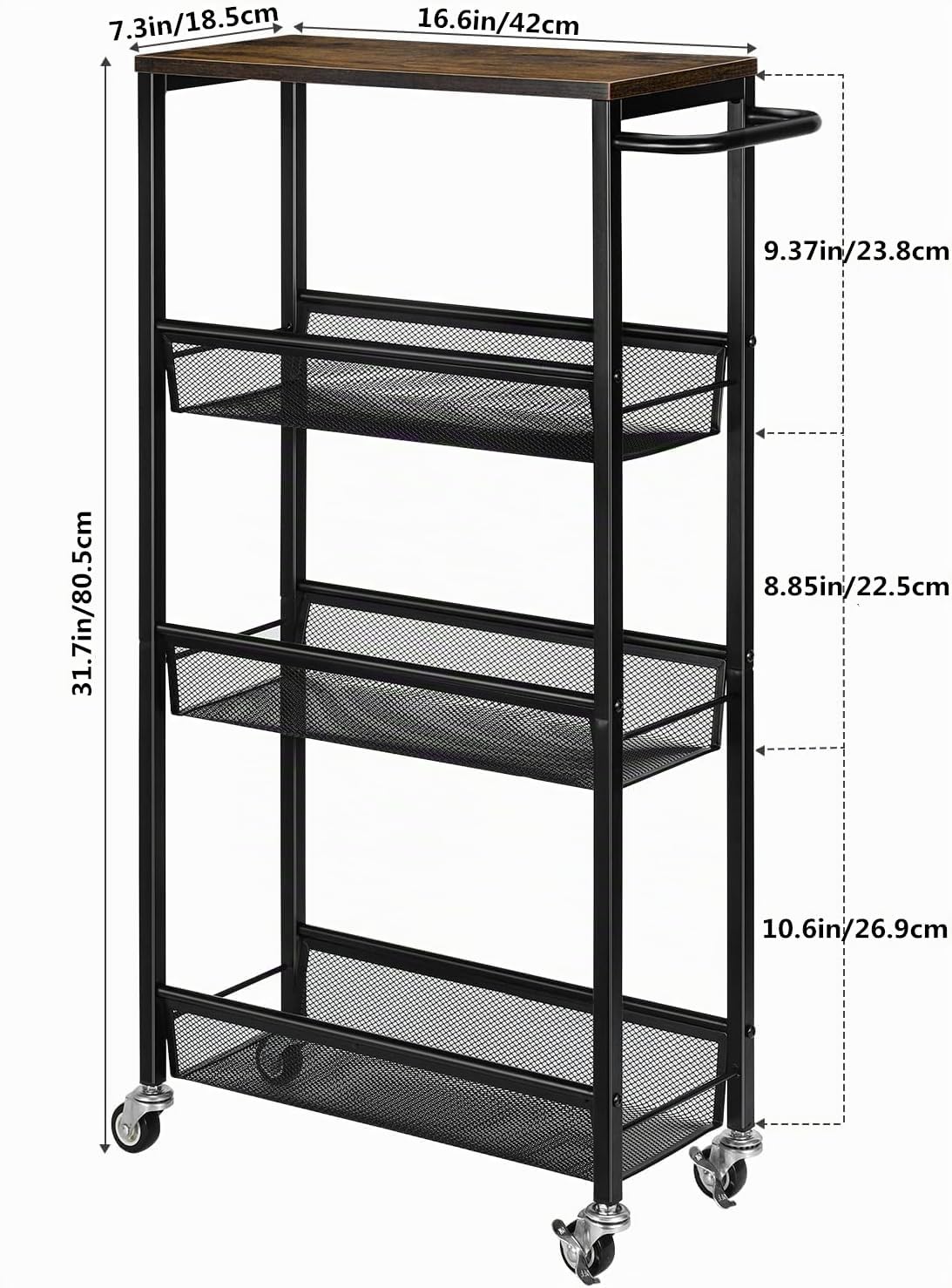 LIANTRAL Carrito de Rodillos 4 Plantas, Carrito de Cocina Estrecho, estantería de nicho en Ruedas con Mesa de Madera Adecuado para Cocina, baño, Oficina para Ahorrar Espacio, Retro marrón y Negro