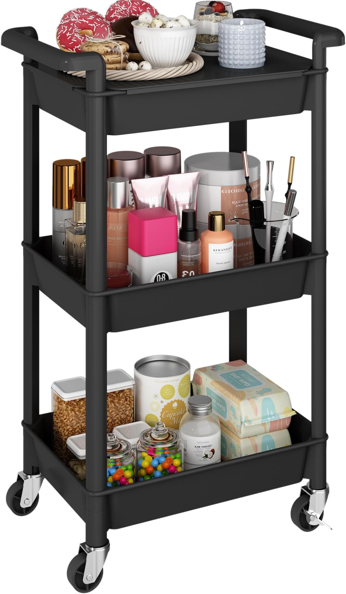 Storage Trolley on Wheels Kitchen Vegetable Trolleys Plastic 3-Tier Trolley for Book Beauty Art Craft Makeup Toy Trolleys with Plastic Shelves Rolling Utility Storage Cart for Bathroom Office, Black