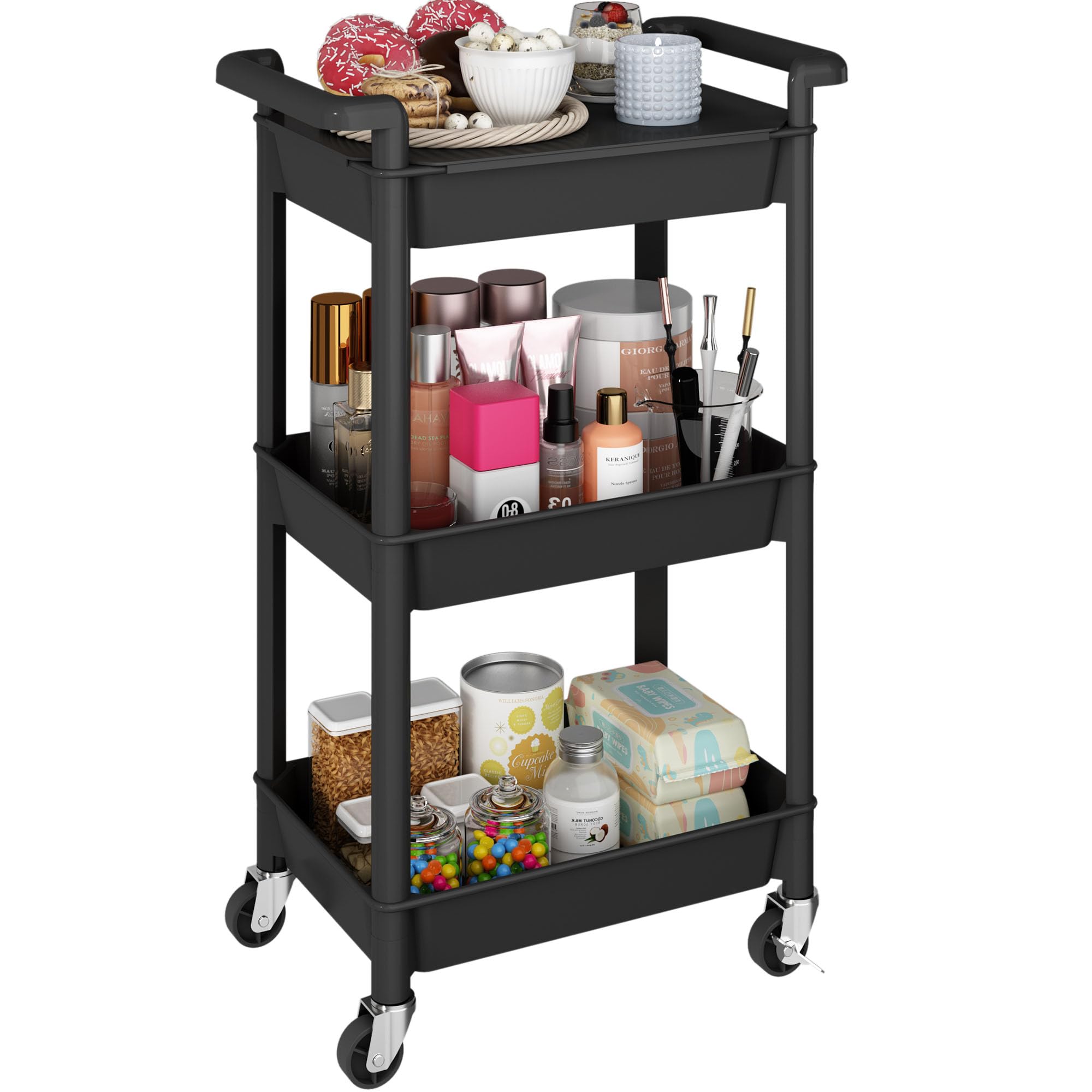 Steehoom 3-Tier Utility Rolling Cart with Cover Top Board, Mobile Utility Cart with Lockable Casters Multi-Functional Storage Trolley for Office, Bathroom, Kitchen, Garden, Laundry Room (Black)