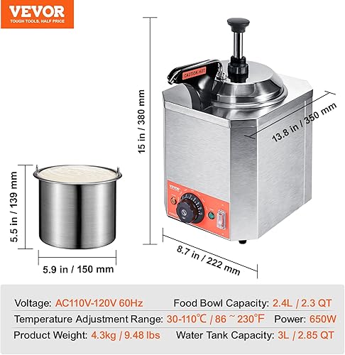 Miniatura 7 de VEVOR Dispensador eléctrico de queso con bomba, calentador comercial de dulce de azúcar caliente de 2.3 cuartos de galón, dispensador de bomba