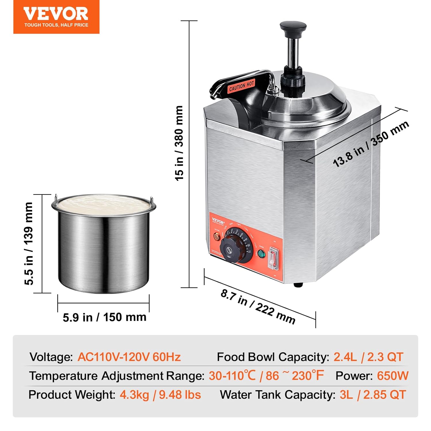 VBENLEM Cheese Dispenser with Pump, 2.3 Qt Capacity Cheese Warmer, Stainless Steel Hot Fudge Warmer with Pump 650W Cheese Dispenser, 30-110℃ Temp Adjustable, for Hot Fudge Cheese Caramel