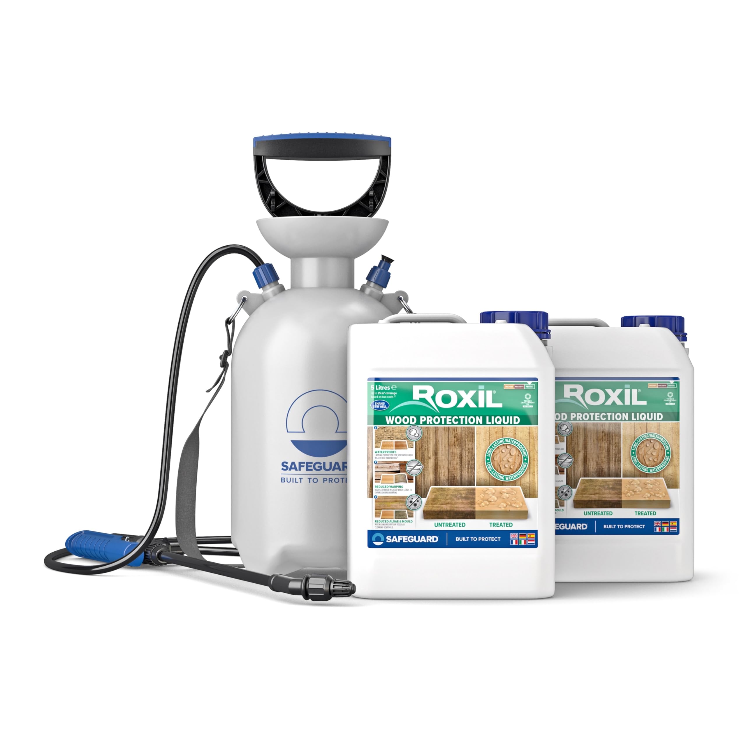 Roxil Impregnazione del legno 2 x 5 l e spruzzatore a pressione – fino a 10 anni di protezione dalle intemperie e idrofobiatura per legno tenero e legno duro invecchiato – Adatto per mobili in legno