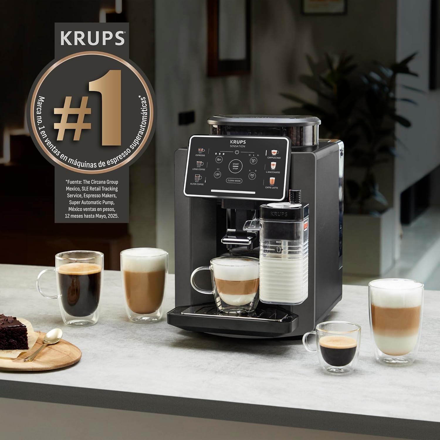 KRUPS Sensation Milk espresso machine with dimensions labeled