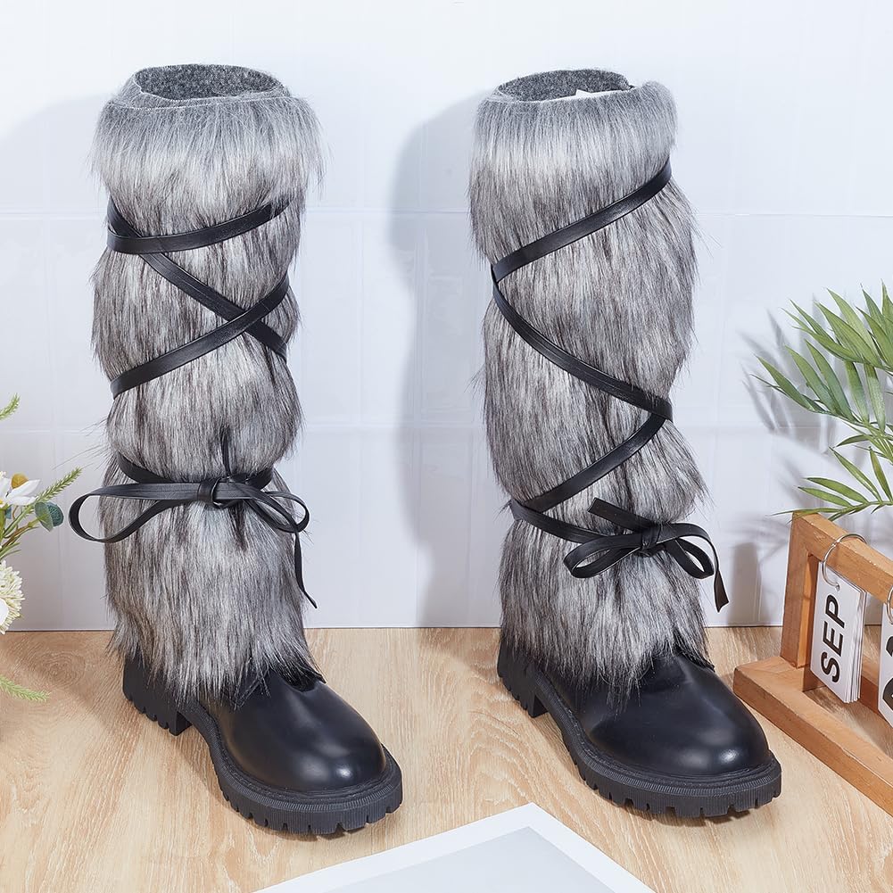 GORGECRAFT 52 * 34cm Women's Viking Faux Fur Leg Warmers Warrior Costume Leg Sleeves Arms Cuffs Fuzzy Boot Covers Wrap Dark Gray Costume Props for Halloween Cosplay Renaissance Medieval Accessory