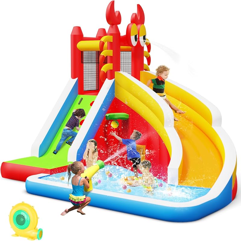 Inflatable Water Slide,Big Bounce House for Kids with Splash Pool,Climbing Wall,Basketball Hoop,Water Gun for Backyard Indoor and Outdoor Party,Included Air Blower,Repair Kit,Carrying Bag | Splash Pool,Climbing Wall,Basketball Hoop,Water Gun,Backyard Indoor and Outdoor Fun,Full Accessories,Easy & Fast Inflatable
