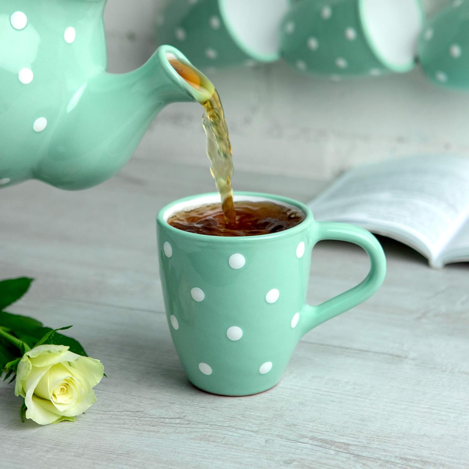 City to Cottage Ceramic Cappuccino Mug with Large Handle, 10oz Coffee Mug for Latte Hot Chocholate Tea, Daily Morning Dring at Home Office Work, Christmas Housewarming Gift Turquoise Blue Polka Dot - Image 4