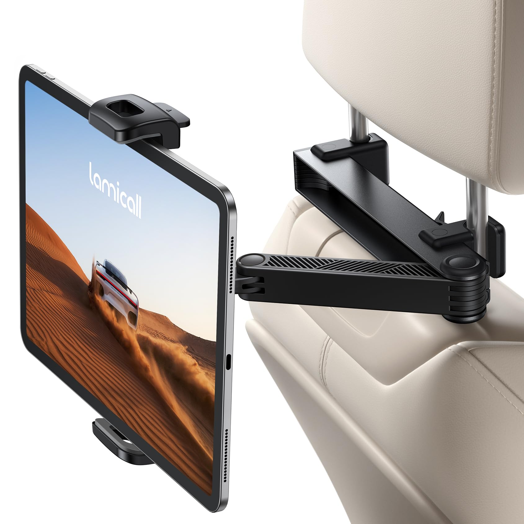 Lamicall Support Tablette Voiture pour Appuie-tête - [Verrouillable] [2026 Bras Extensible Biaxial] 360° Rotation, Support pour iPad Pro, Air, Mini, Switch, Autre 4,7 à 13" Téléphones et Tablette