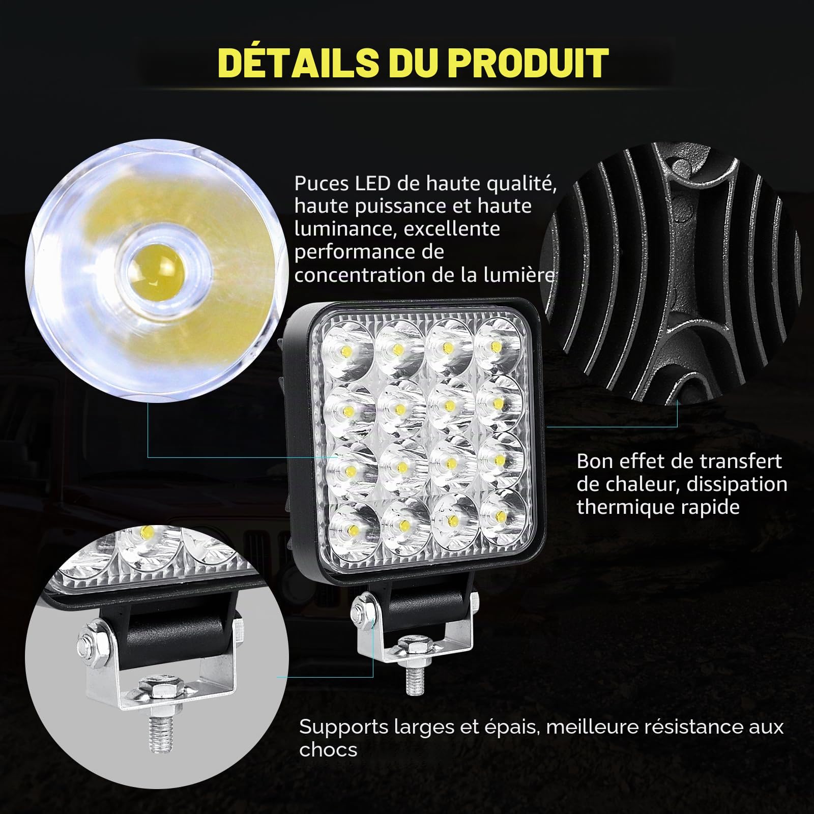 Willpower 4PCS Phare de Travail LED 3.3'' 48W Projecteur LED 12V 24V Etanche IP67 Spot Feux Antibrouillard pour 4x4 Voiture Camion Tracteur SUV Bateau Quad Vehicule