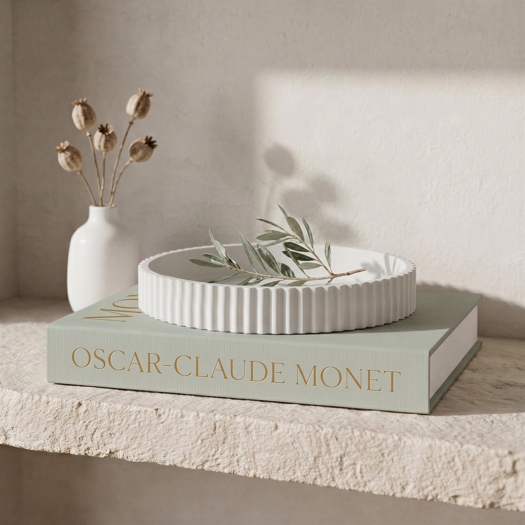 Libro de lino decorativo con bandeja de hormigón de alta calidad estética