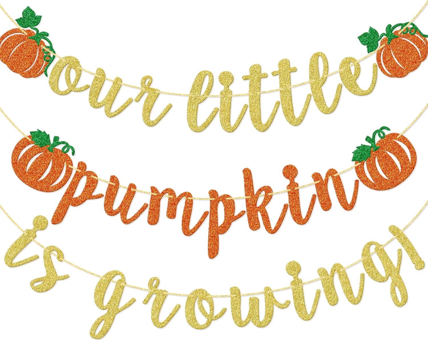 Qttier Our Little Pumpkin Is Growing Banner, Fall Birthday Banner, Thanksgiving Pumpkin Sign for Baby Shower Gender Reveal 1st Birthday Party, Orange and Gold Glitter