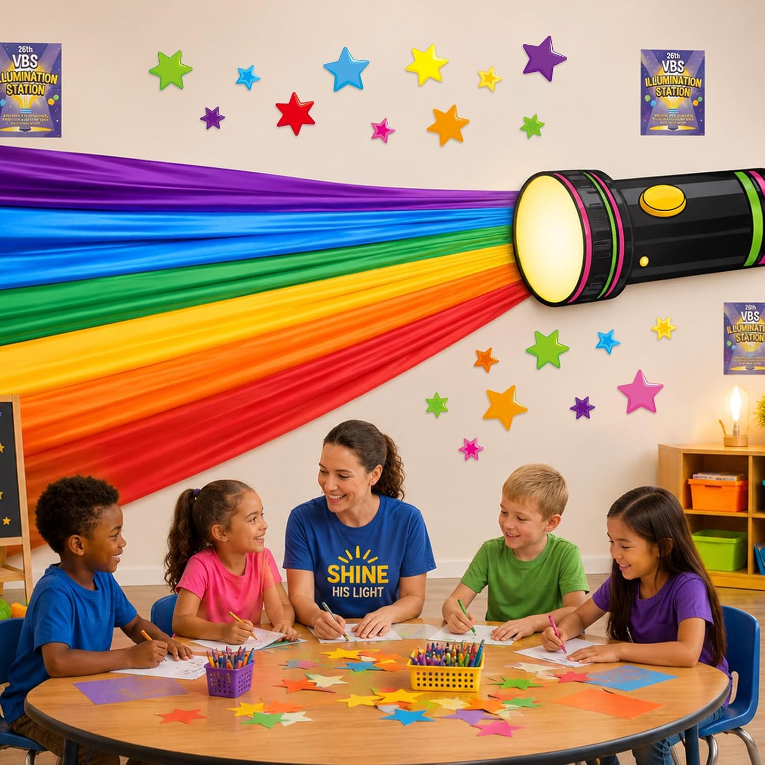 3D VBS 2026 Wall Decor VBS Jesus Lighthouse Station Decorations Flashlight Cutouts with Rainbow Cloth Banner Christian Bulletin Board Decor for Sunday School Vacation Church Wall Door Party Supplies