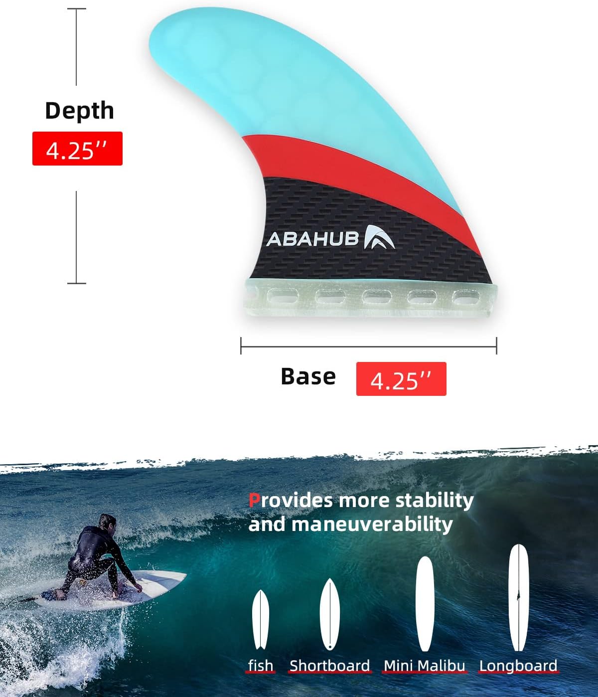 Abahub Surfboard Thruster Fins Set, Compatible with Future Style Fin Box, Fiberglass Reinforced High Performance 3 Fins for Surf Boards, Surfing Longboard, Shortboard, Black/Blue/White