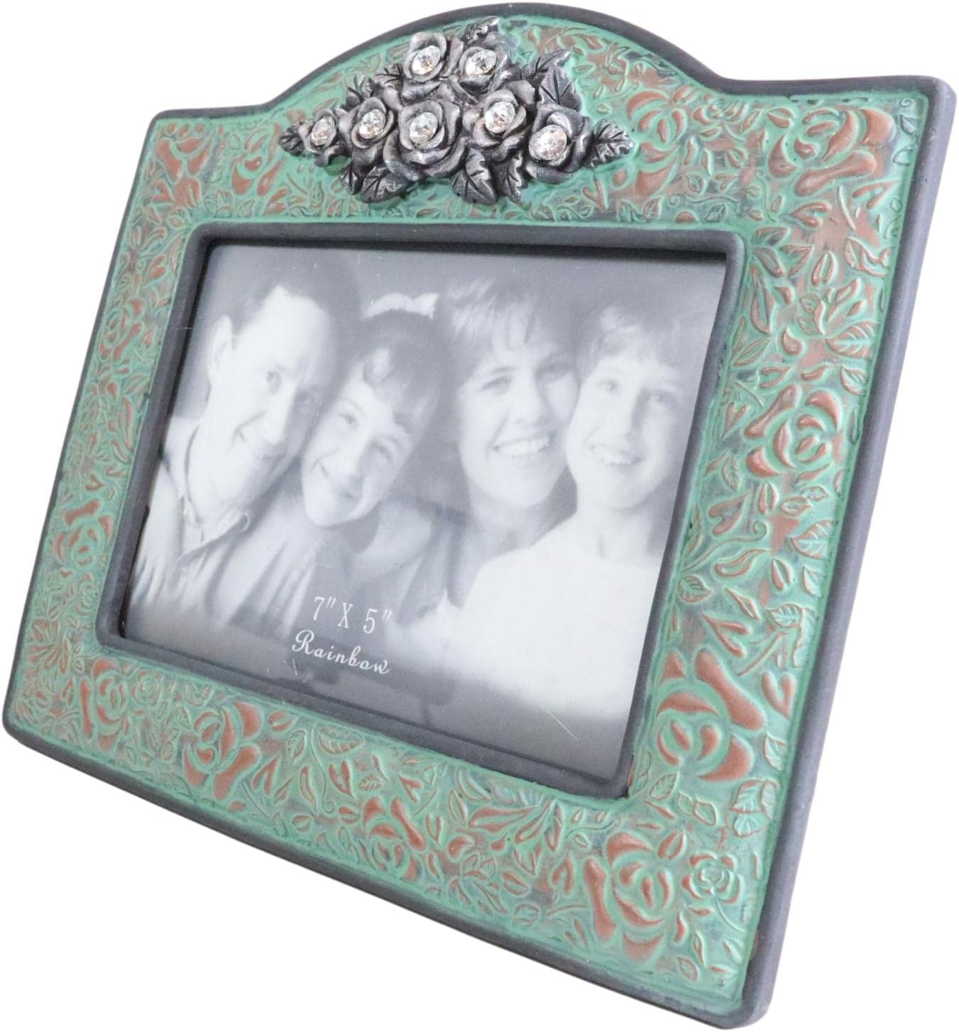 Ebros Gift Rustic Western Silver Roses Floral Arrangement With Scroll Lace Turquoise Patterns Sculpted Tooled Leather Easel Back Picture Frame for 5"X7" Photo Cabin Lodge Cottage Farm House Accent