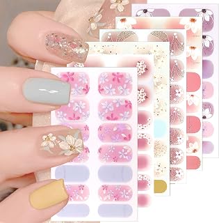 6 Sheet Spring Summer Nail Gel Stickers Self-Adhesive Flower Nail Polish Strips Cherry Blossoms Floral Designs Nail Art Supplies Glitter Full Wrap Gels Nails Strips Stickers for Women Acrylic Nails