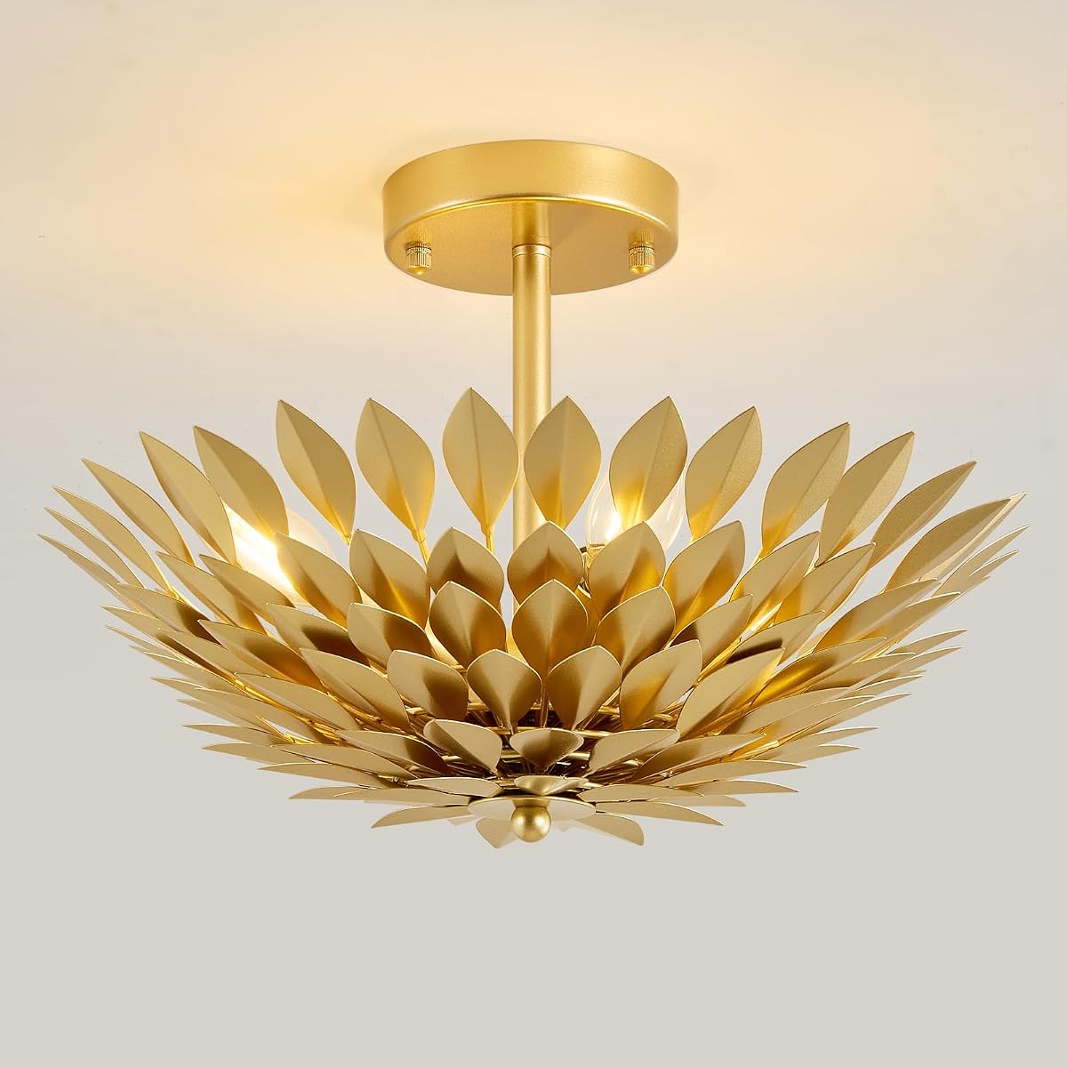 16" Gold Leaf Metal Ceiling Light, Art Deco Flower Semi Flush Mount | Hand-Welded Layered Metal Leaves, Full Metal Construction, Art Deco & Mid-Century Modern, Vintage Floral-Inspired Silhouette