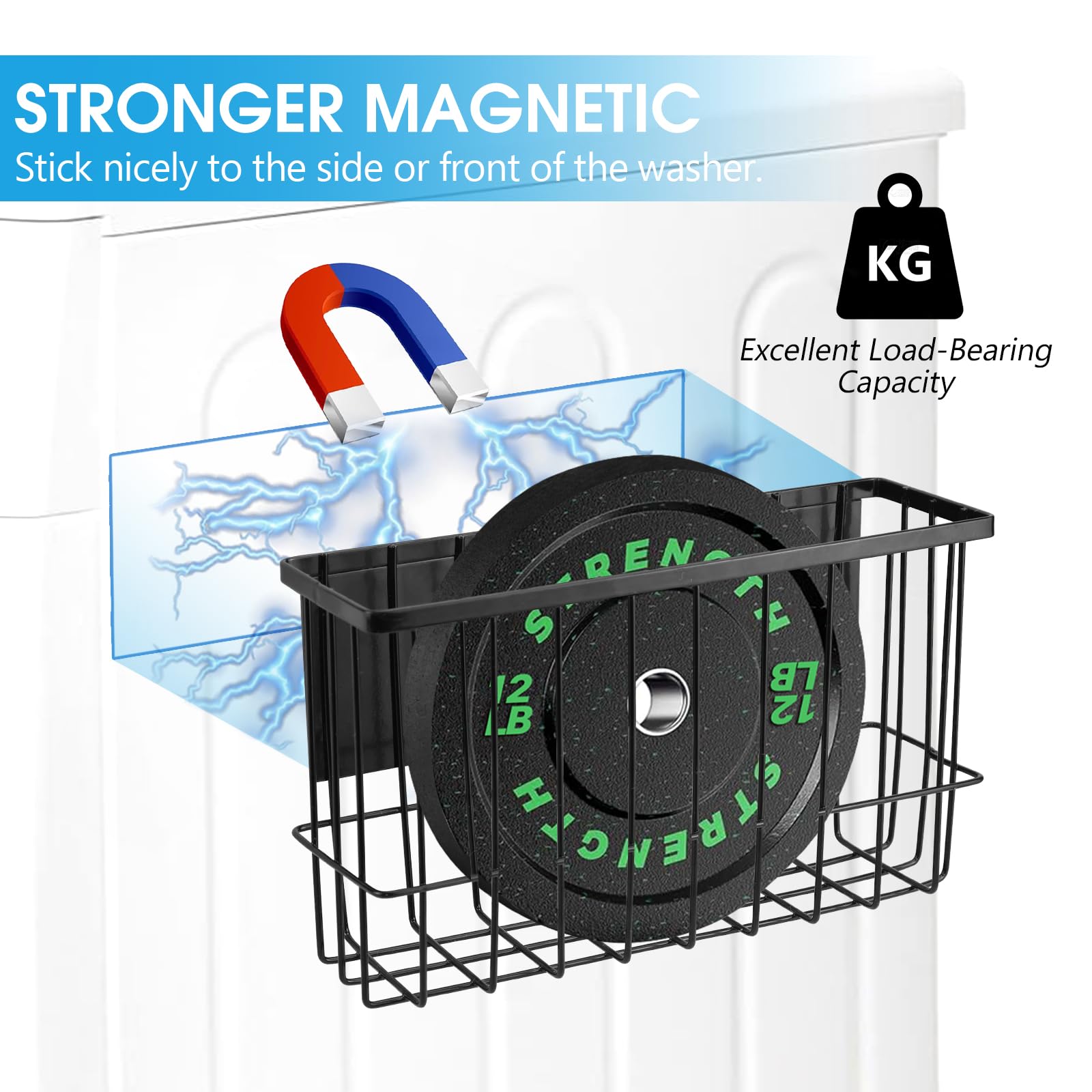 Uopyeri Magnetic Laundry Room Organizer Rack – Matte Black Storage Shelf for Washer or Dryer Side – Magnetic Mount, No Drill – Includes 4 Utility Hooks – Holds Detergent, Dryer Balls, Supplies