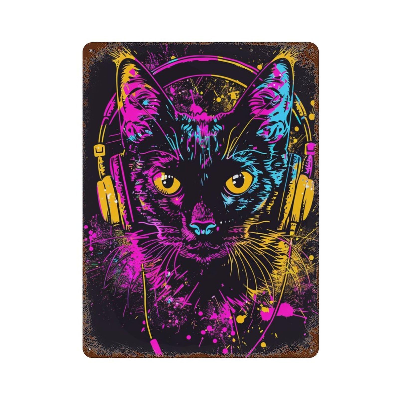 Rusty Metal Tin Sign with Neon Cat Headphones Art Print Design 15.7"x11.8", for Shed, Workshop And Garage Wall Decor, Classic Wall Plaque