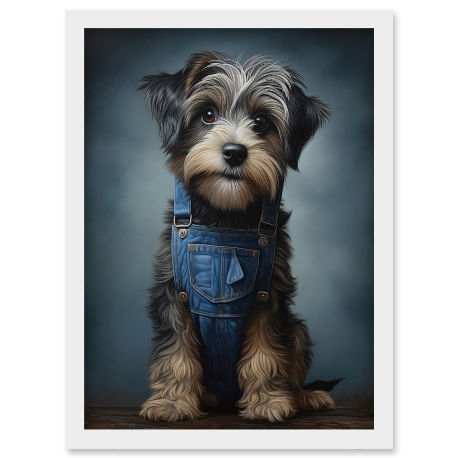 Artery8 Adorable Snorkie Dog in Blue Jean Dungarees Realistic Artwork Fun Pet Portrait Artwork Framed Wall Art Print A4
