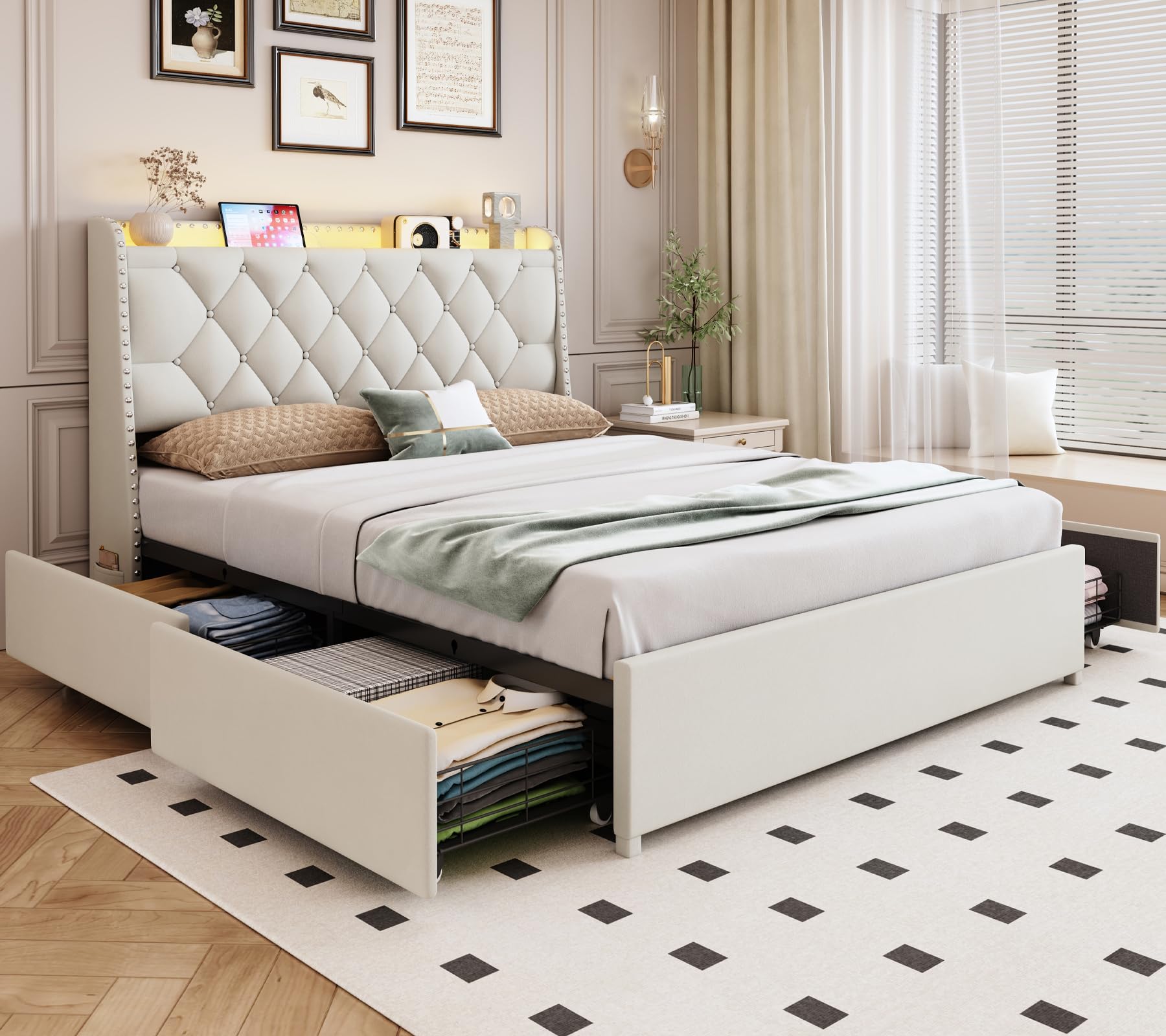 Full Size Bed Frame with 4 Drawers and Storage Headboard, Upholstered Tufted Wingback Bed Frame with LED Lights and Charging Station, No Box Spring Needed, Easy Assembly, Noise Free, Beige Beige Full Button Tufted & 4 Drawers