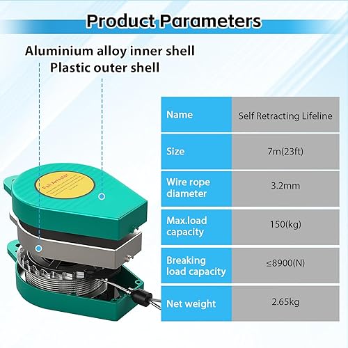Miniatura 3 de Meticuloso Línea de vida auto retráctil de 23 pies, 330 libras, protección contra caídas con gancho de acero aleado y cuerda de alambre de acero