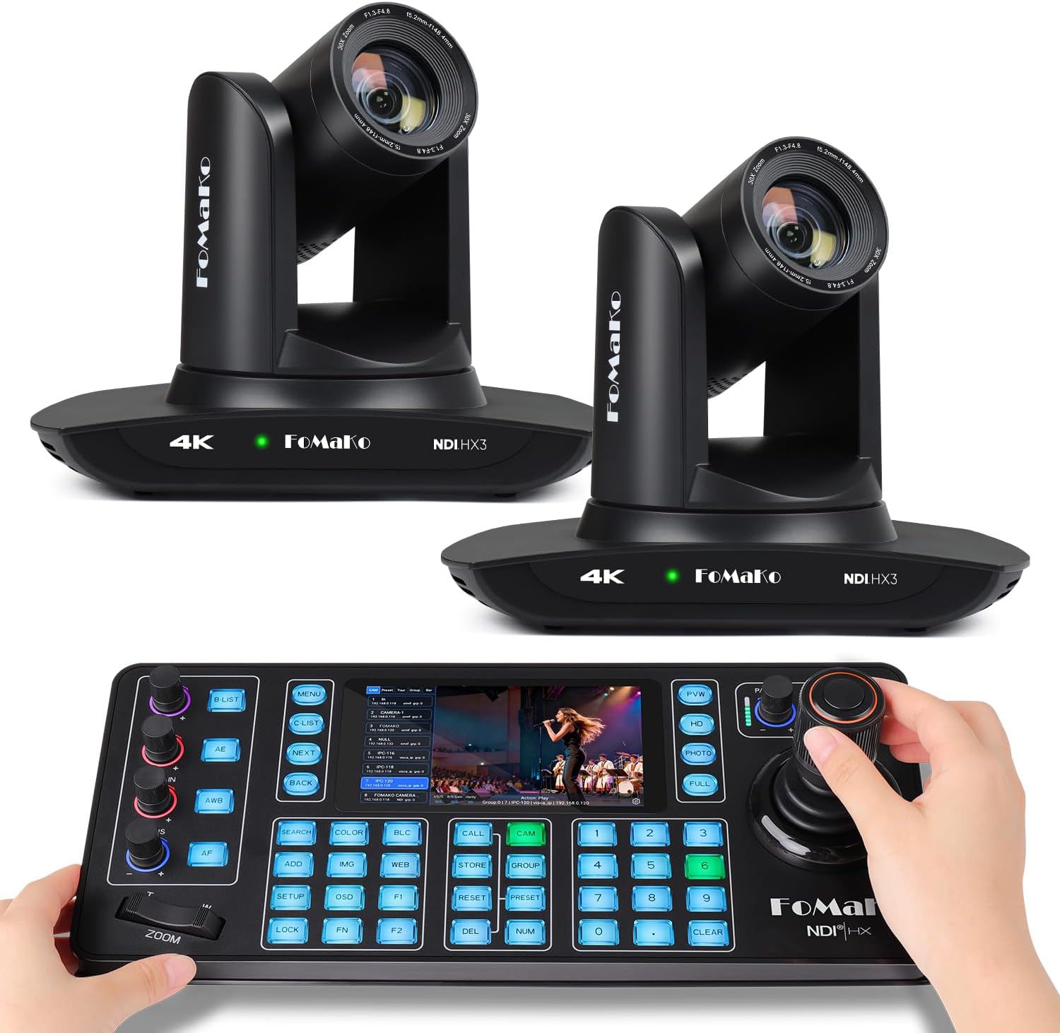 FoMaKo K30NS 4K 30x Optical Zoom PTZ Camera with NDI 6 & NDI HX3, AI Auto-Tracking Gen 3, 3G-SDI/LAN/USB3.0/HDMI,KC608N PTZ Controller for Church, Worship, Education & Conference(K30NSX2+KC608N)