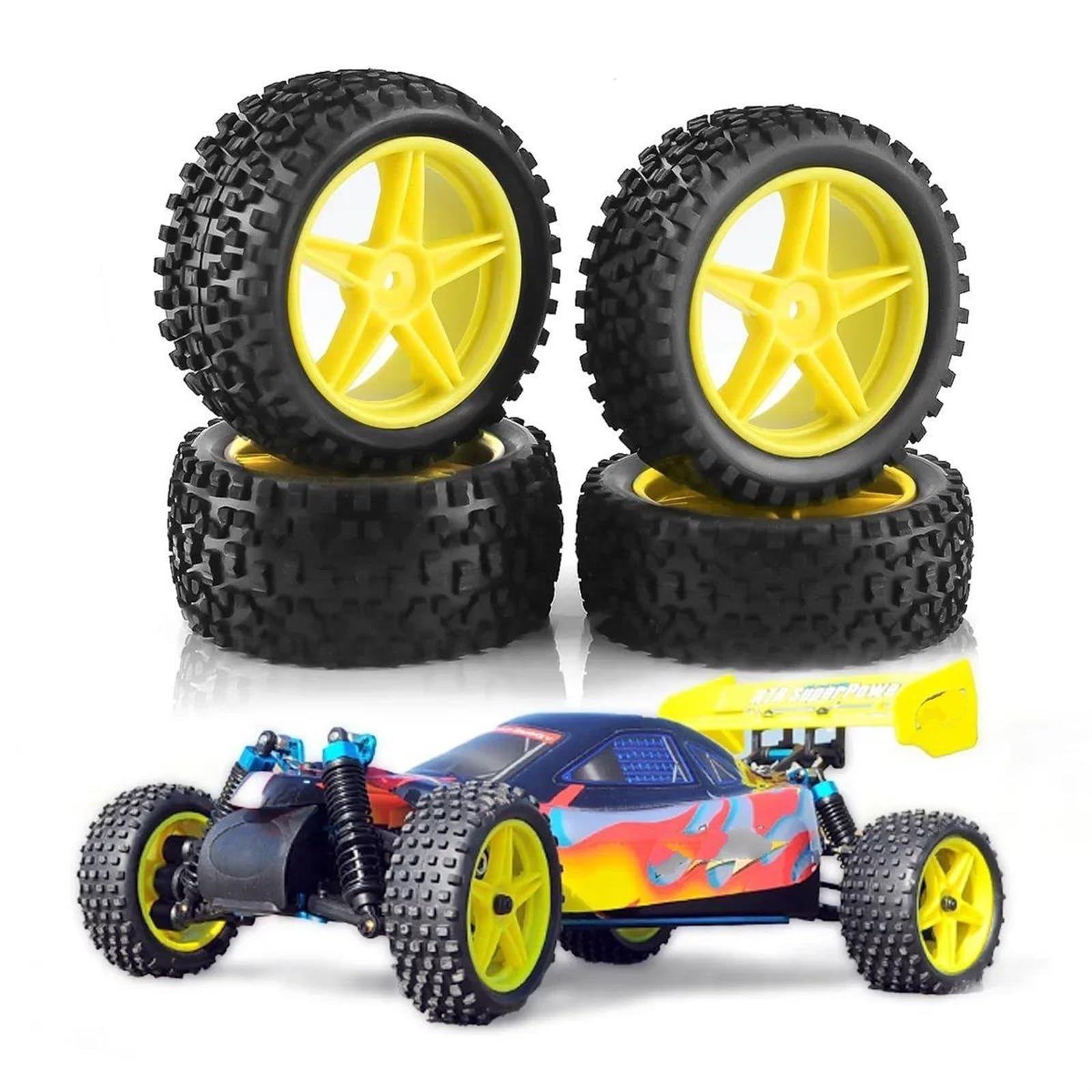 Neumáticos Coche RC para Tamiya Wltoys 144001. Neumáticos Todoterreno Resistentes, Llanta De Rueda Plástico, Neumático Goma para Coche Teledirigido 1:10 HSP 94107 94166 94106 94155(Yellow)
