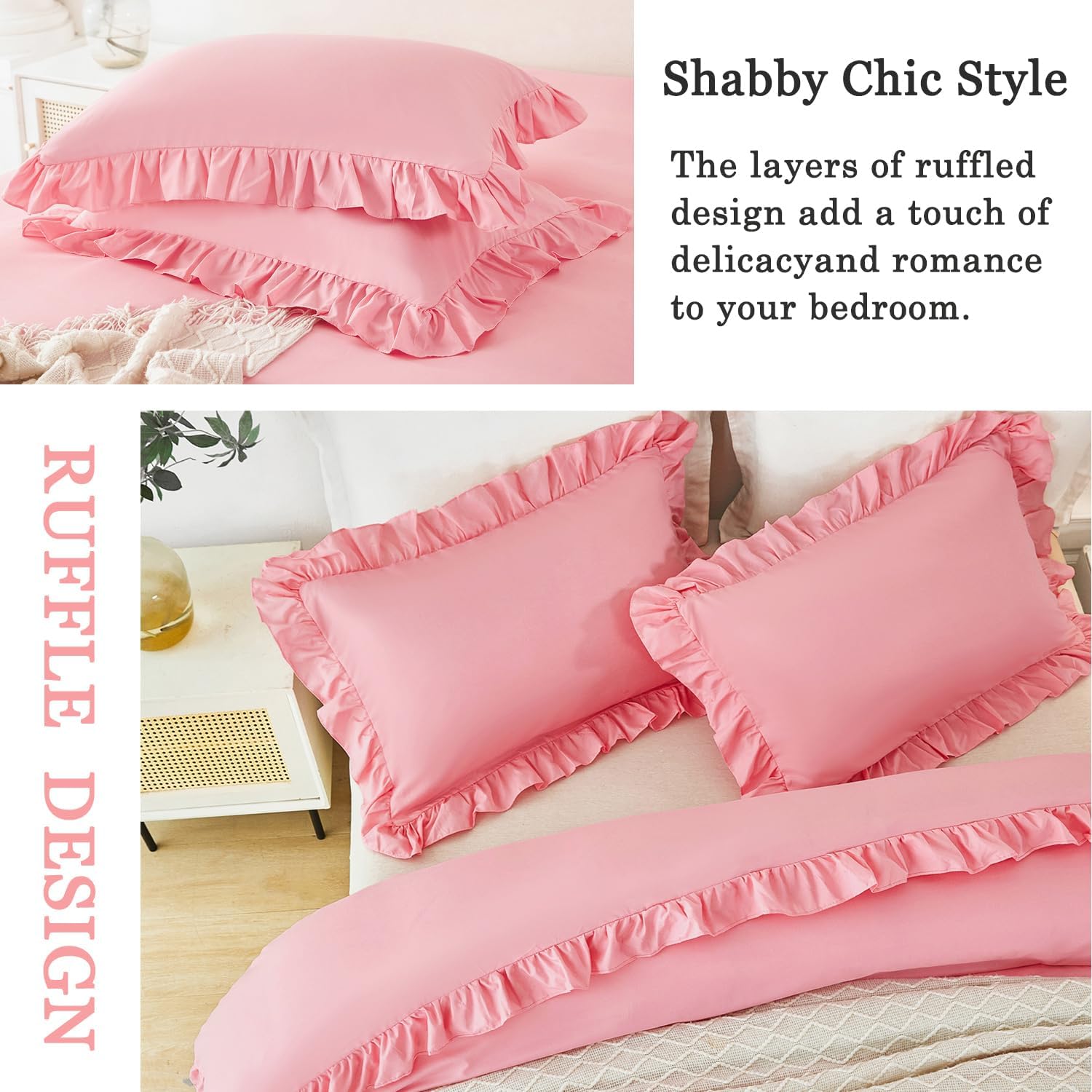 Queen Size Kids Duvet Cover Sets 3 Pieces Ruffle Bedding Cover Set Cute Pink Comforter Covers for Girls Soft Lightweight Ruffled Bed Cover for Bedroom Decor(Pink, Queen)