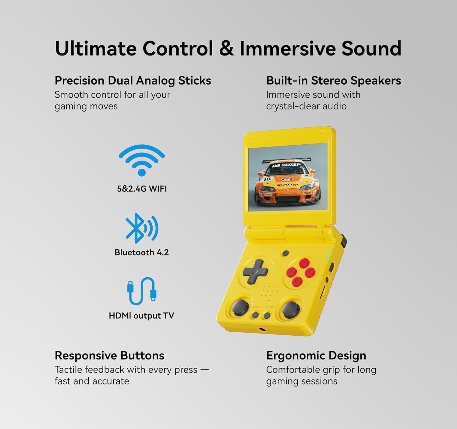 Anbernic RG34XXSP Retro Gaming Console – Flip Design, 3.4'' IPS Screen 720×480, 64G TF Card with 5000+ Games, Portable Handheld, 3300mAh Battery, WiFi HDMI Bluetooth (Yellow 64G)