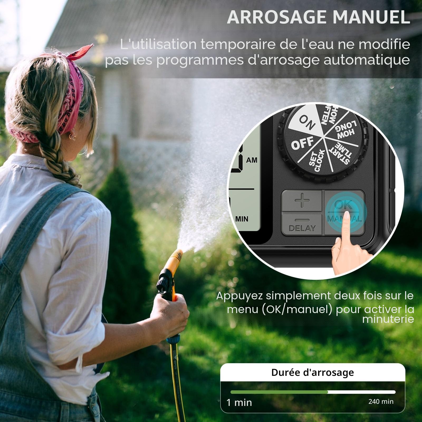 Ordinateur d'irrigation, minuteur d'arrosage avec Retard de Pluie/Mode Automatique et Manuel, IPX5 étanche/Grand écran LCD, minuterie d'eau pour Jardin, pelouse (1 Sorties)