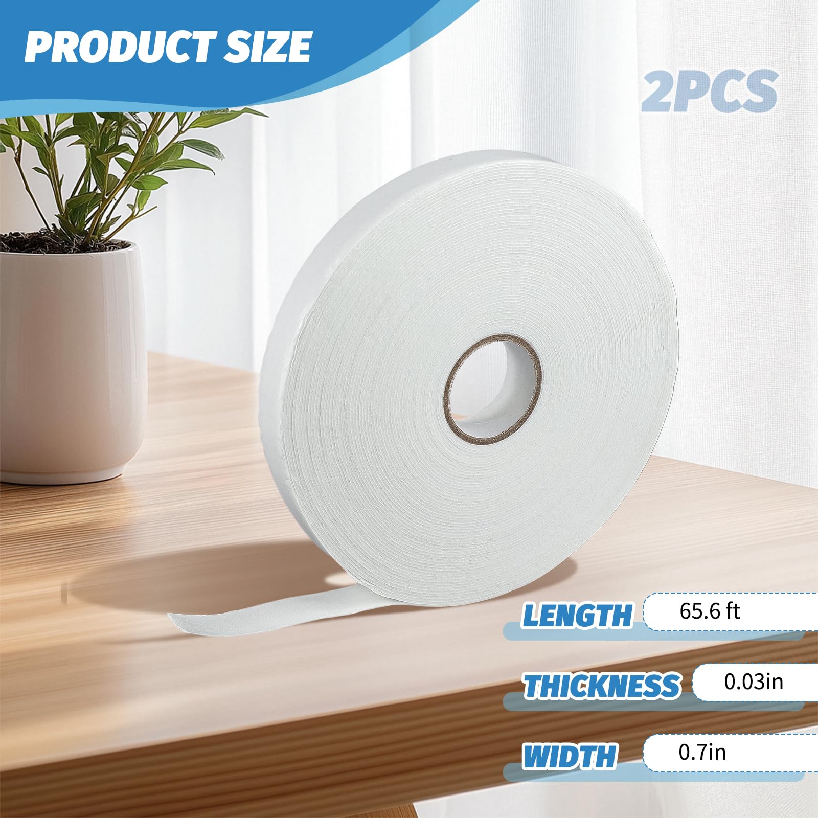 2 Rolls Double Sided White Pe Foam Tape, Outdoor and Indoor Heavy Duty Strong Weatherproof Adhesive Double Stick Foam Tape, Removable Without Residue for Home Office Decoration (65.6 Ft Long)