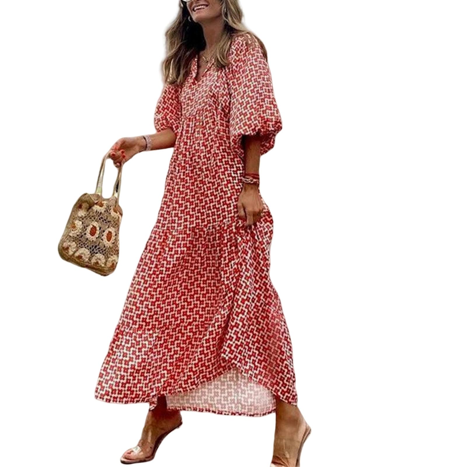 Vestidos Mujer Corte Holgado Casual Verano Cuello en V Media Manga Bohemia Patrón Geométrico Maxi Vestidos Largos YYEFNMAZ