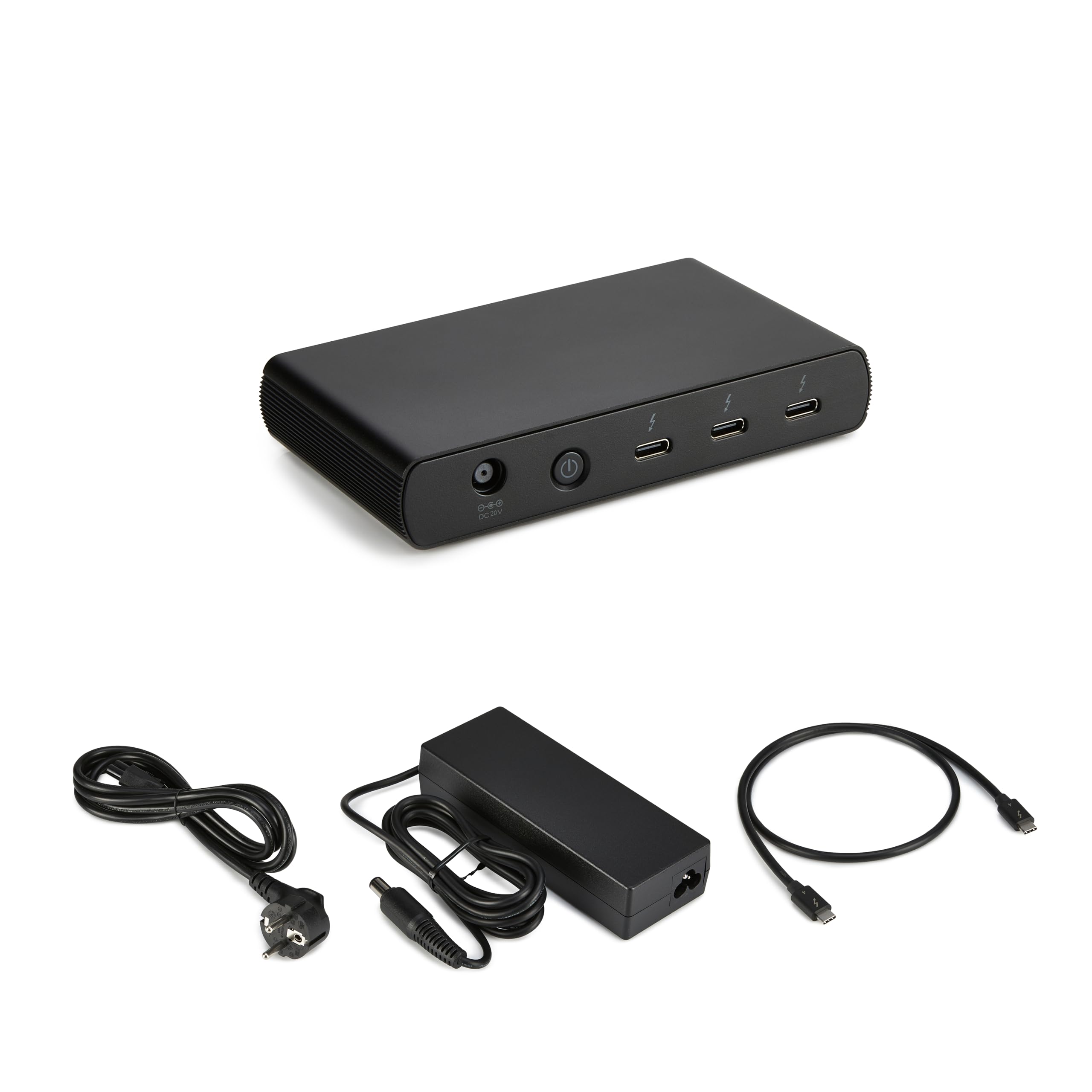 Amazon Basics Stacja dokująca Thunderbolt 4/USB 4, 3 x TBT4 typu downstream (dwa wyświetlacze), 1 x USB A 3.1, EU, czarna, 12,16cm x 7,21cm x 2,16cm