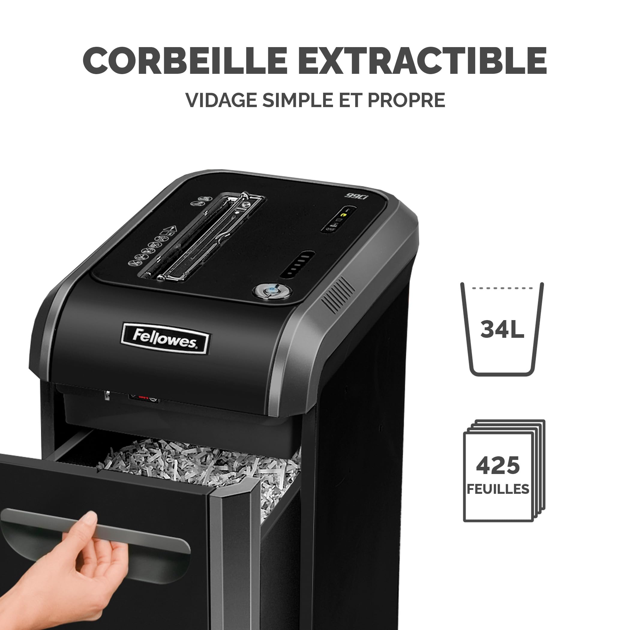 Fellowes Destructeur de Documents 99Ci Coupe Croisée 18 Feuilles Anti-bourrage Détection Tactile 34L Noir