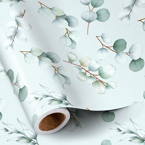 RUSPEPA Rollo de papel de regalo con hojas de eucalipto para mujeres y niñas, diseño de hojas verdes claro, papel de regalo de follaje perfecto para