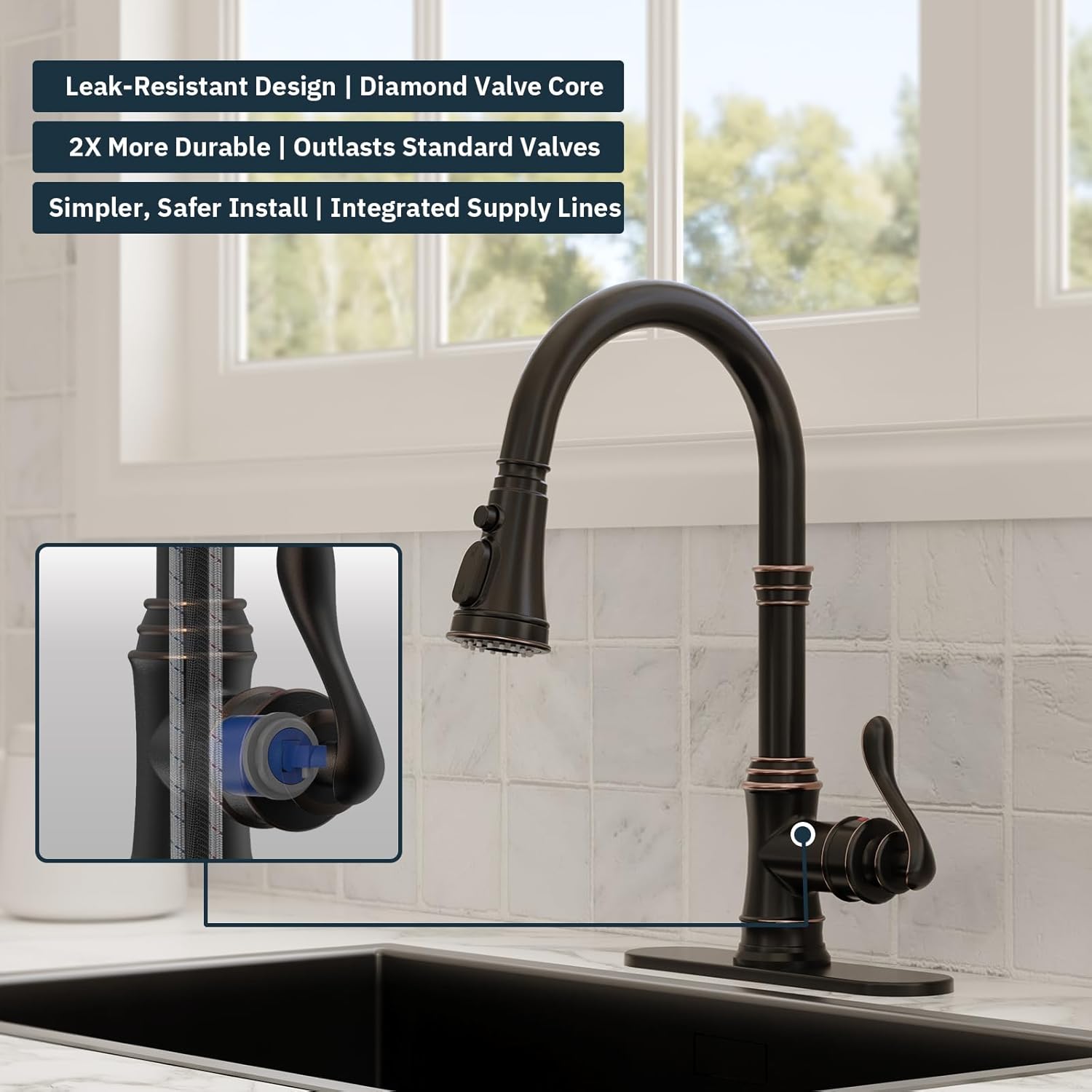 BWE Solid Brass Kitchen Faucet, Oil Rubbed Bronze Kitchen Sink Faucet with Pull Down Sprayer, 3 Spray Modes, Single Handle High Arc, with Deck Plate, Commercial/Farmhouse/Bar Sink Faucet
