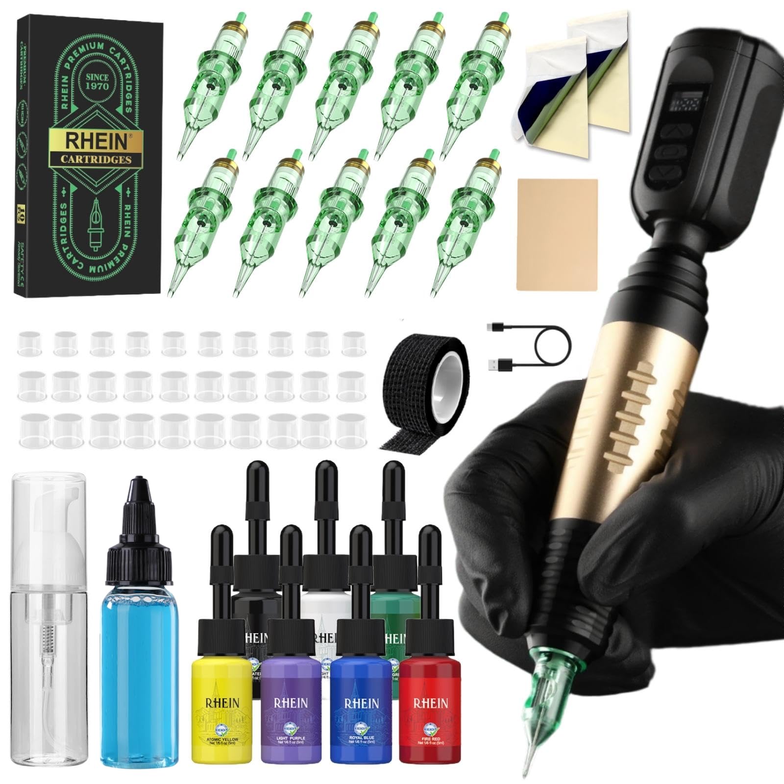RHEIN Tattoo Maschine Set mit 1500mAh Akku und 10PCS Tattoo Cartridges Nadeln 7 Colours Tattoo-Farbe Komplettes Tattoo Zubehör RN-TK2005EU-1