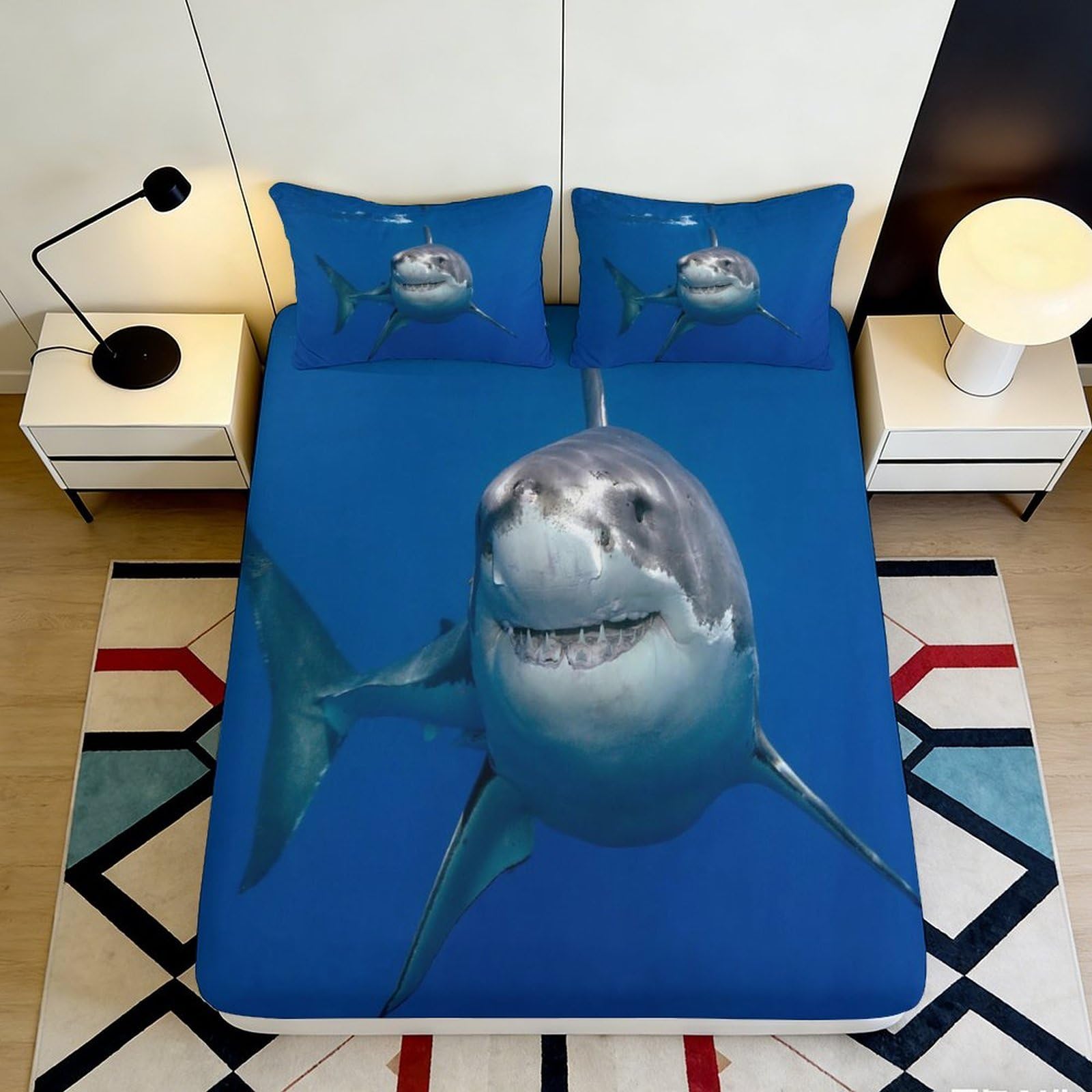 3D Printed Shark Ocean Fitted Sheet Microfiber Anti-Slip Blue Marine Mattress Cover Bedroom Dorm Decor Easy Care 90x200x25cm