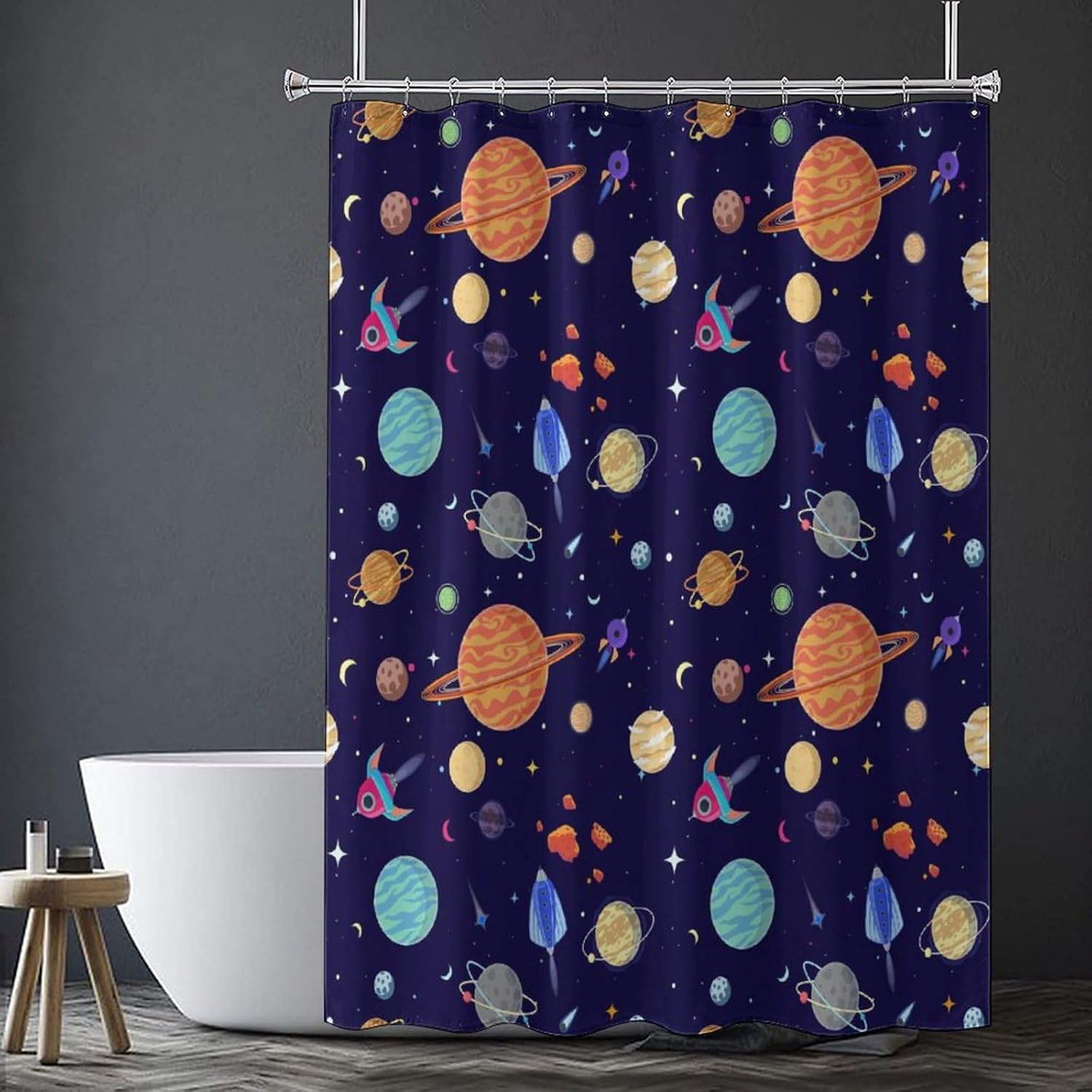 Kids Cartoon Planet Shower Curtain Boys Children's Bathroom Shower Curtain Set Modern Outer Space Simple Universe Galaxy Pattern Decorative Shower Curtain with 12 Hooks 72x84 Inches