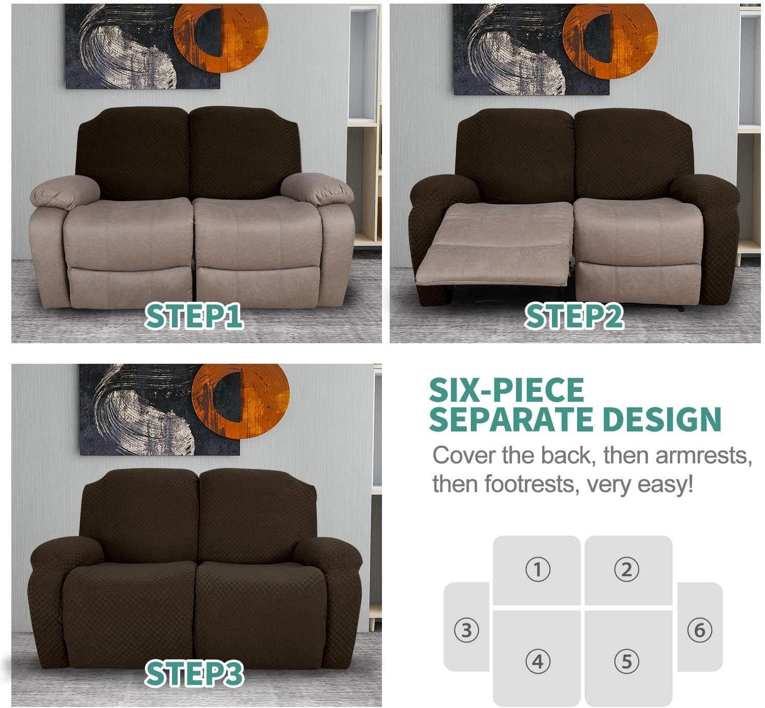 6-Pieces Stretch Loveseat Recliner Slipcover Latest Jacquard Recliner Sofa Cover with Side Pocket Fitted Recliner Cover Couch Furniture Protector with Elastic Bottom (Brown)