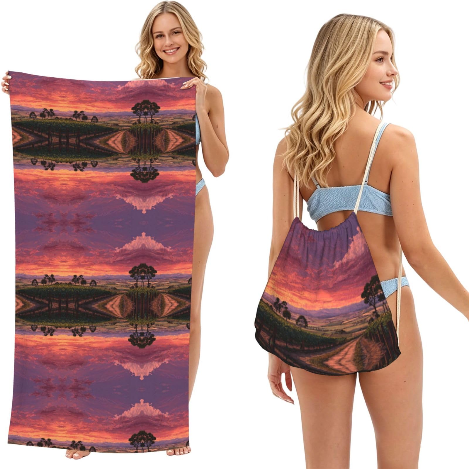 EZDLOWVBA Vineyard Sunset Print Beach Towel Backpack 2 In 1 Summer Large Lightweight Beach Towel - Multifunctional Ship Pattern Towel Bag For Storage,Sport