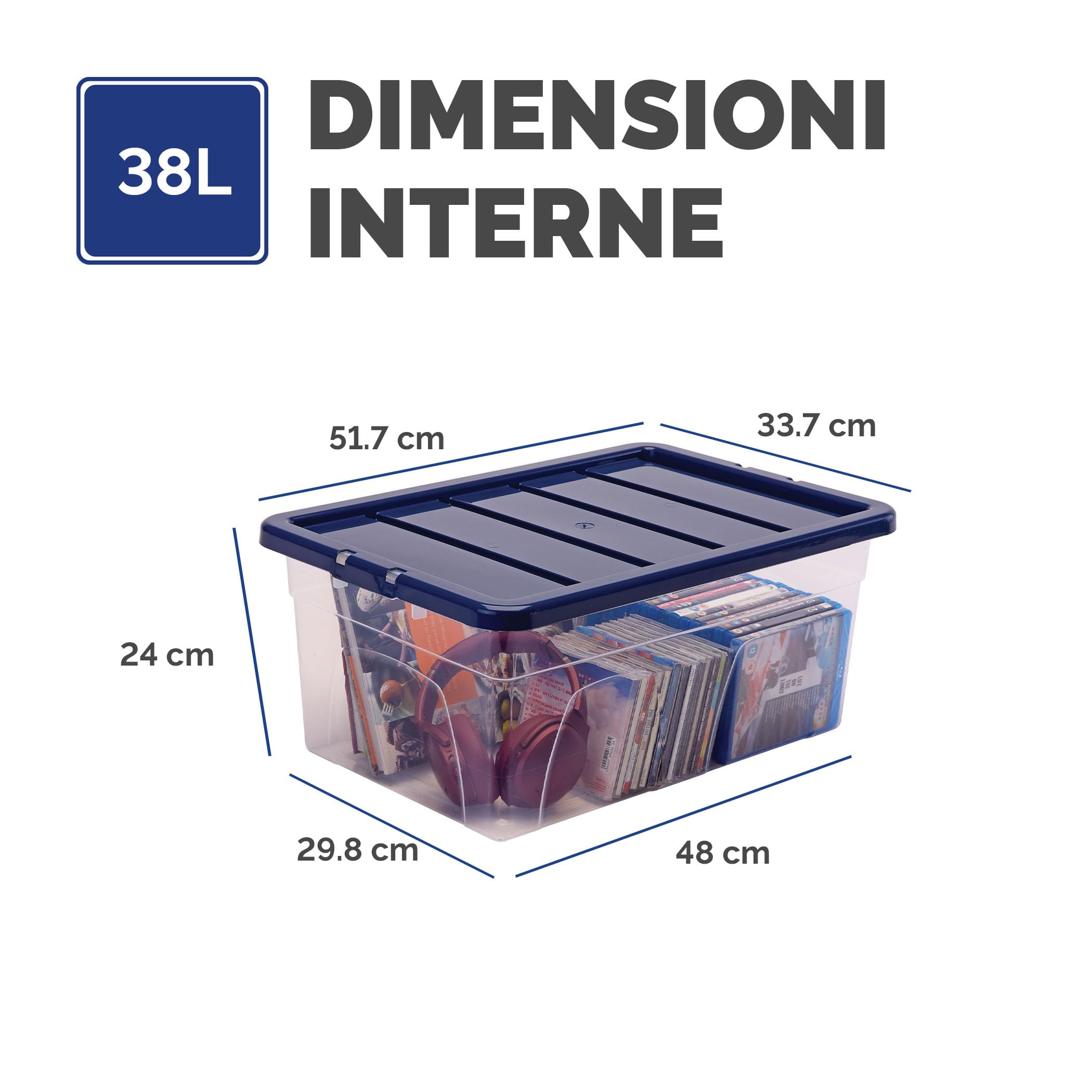 Bankers Box 38L scatole in plastica in confezione da 3, BPA-Free, con coperchi riciclati al 100%, impilabili, coperchio anti polvere, 25x38x56cm, ideali per organizzare la casa e l'ufficio