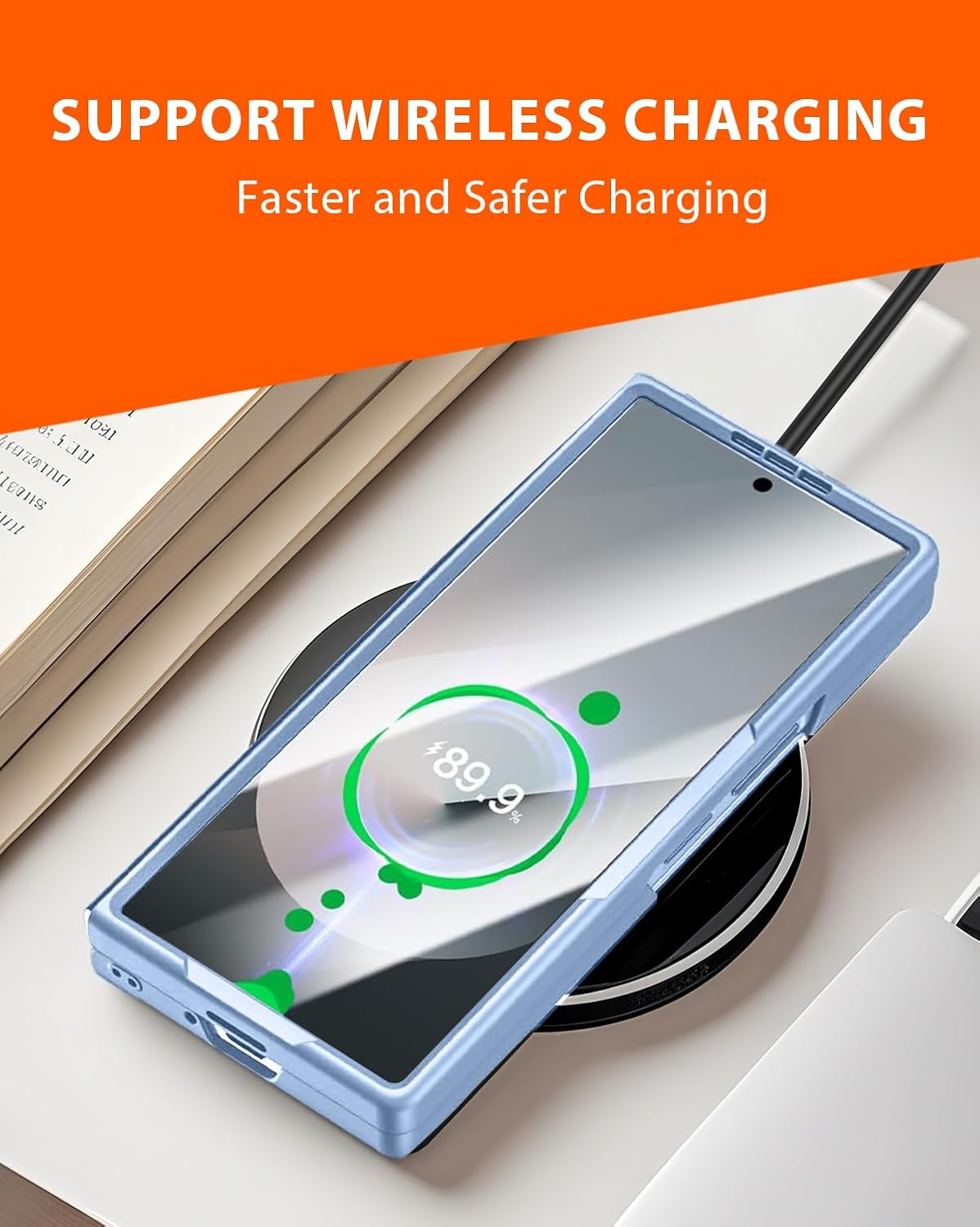 NINKI for Samsung Galaxy Z Fold 7 Case with S Pen & S Pen Holder, Kickstand & Front Screen Protector Hinge Electroplating Leather Phone Cover for Z Fold 7 Case with Stand and Stylus – Blue