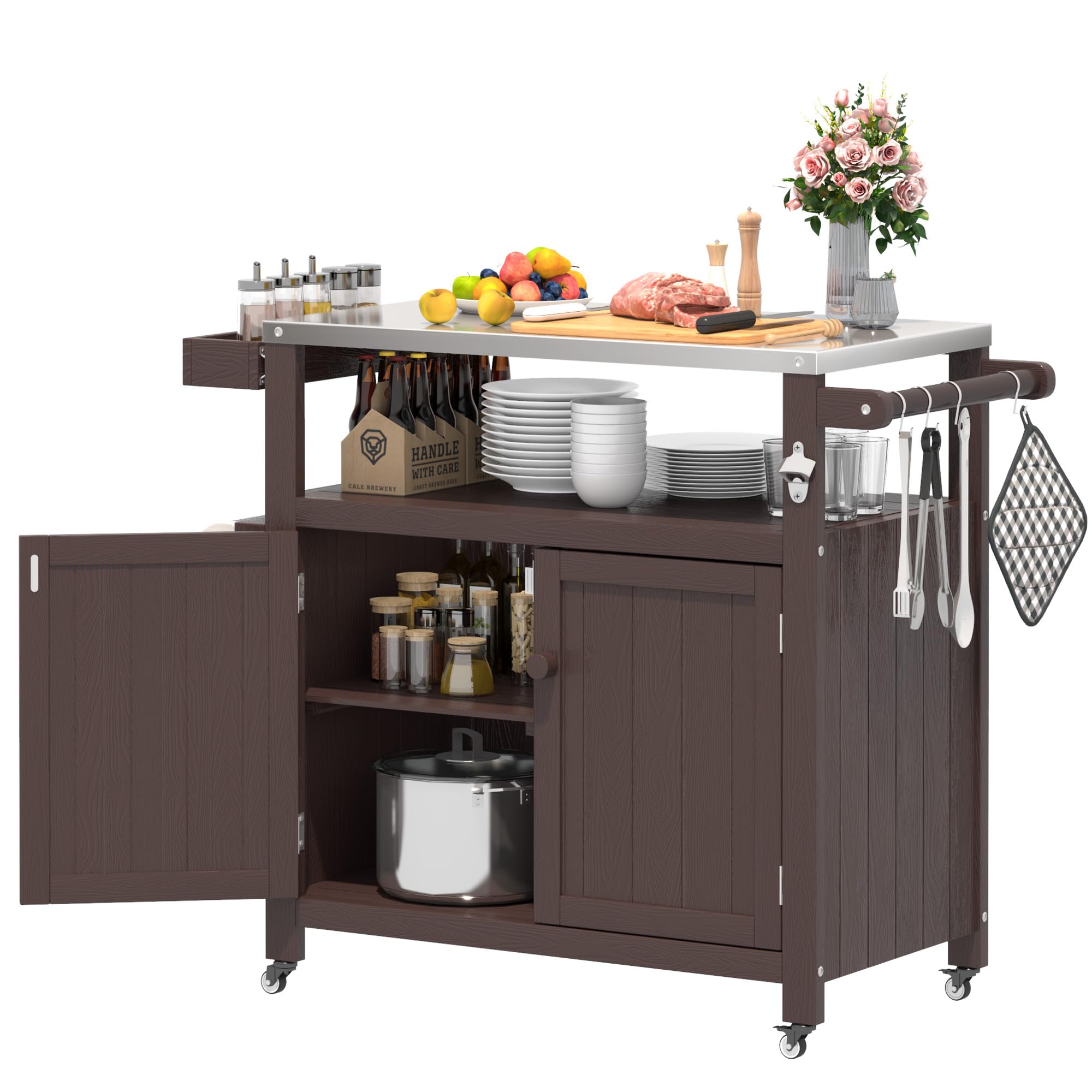 Carrito de Parrilla para Exteriores con Cubierta de Acero Inoxidable, Carrito de jardín Hips Resistente a la Intemperie, Isla de Cocina portátil con Ruedas, Ganchos y Estante Lateral
