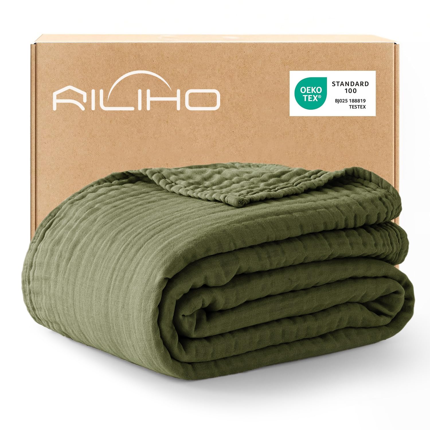 RILIHO 100% Cotton Muslin Blanket Adult, Cooling Summer Blanket, 6 Layers Lightweight and Breathable Throw Blankets for Couch, Soft Cold Blanket for Sleeping All Season, 127 x 152 cm, Olive Green
