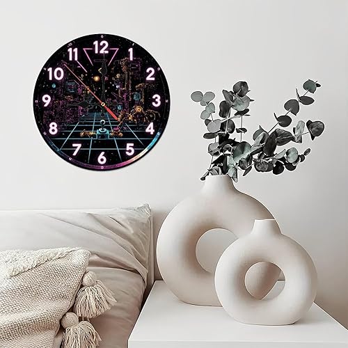 Miniatura 5 de Lancholy 10-Inch Silent Wooden Wall Clock, Retro Cyberpunk Clock Face Gaming  Silent Non-Ticking Clock, Battery Operated (AA Batteries Not