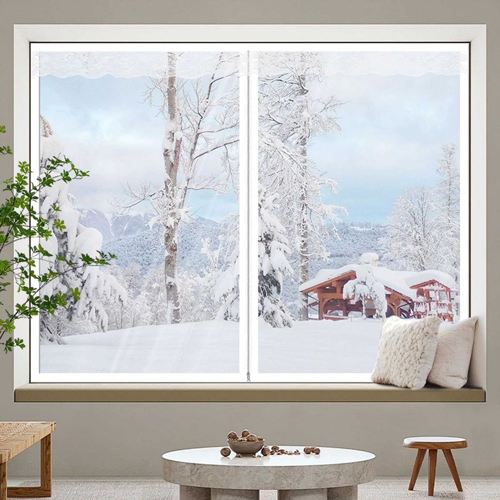 Selbstklebende Transparente Thermovorhang, Winddichte, Schalldichte Thermovorhänge mit Reißverschlüssen, für Alle Arten von Fenstern(White,120X150cm)