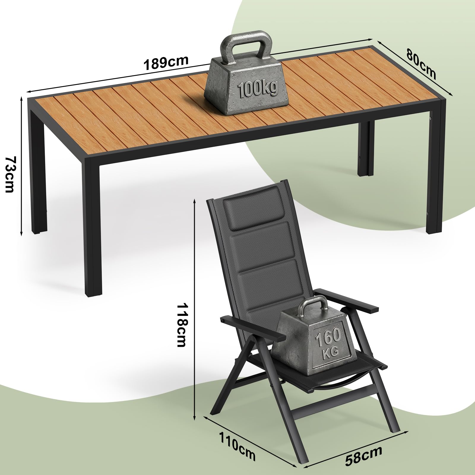 JUMMICO Salon de Jardin Extérieur : 1 Table en Aluminium Imitation Bois + 6 Chaises Longues Pliantes. Solide et Durable. Idéal pour Les Balcons, Les Jardins et Autres Espaces Extérieurs.
