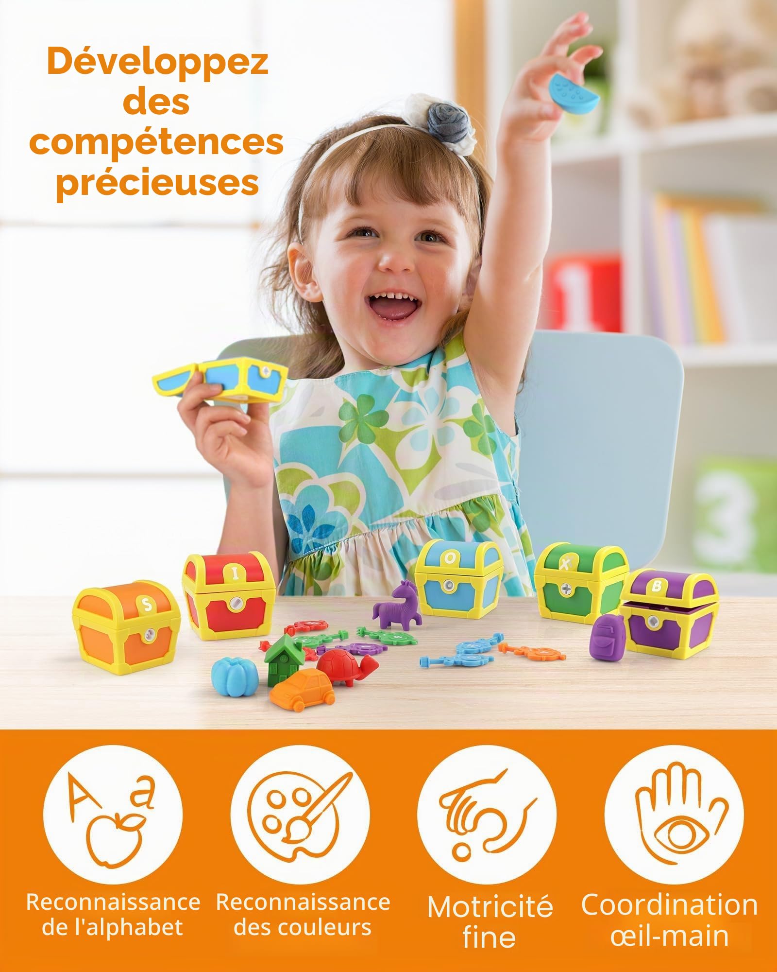 Coogam Montessori Lot de 26 jouets d'apprentissage alphabet lettres surprises clés jeu tri couleurs ABC