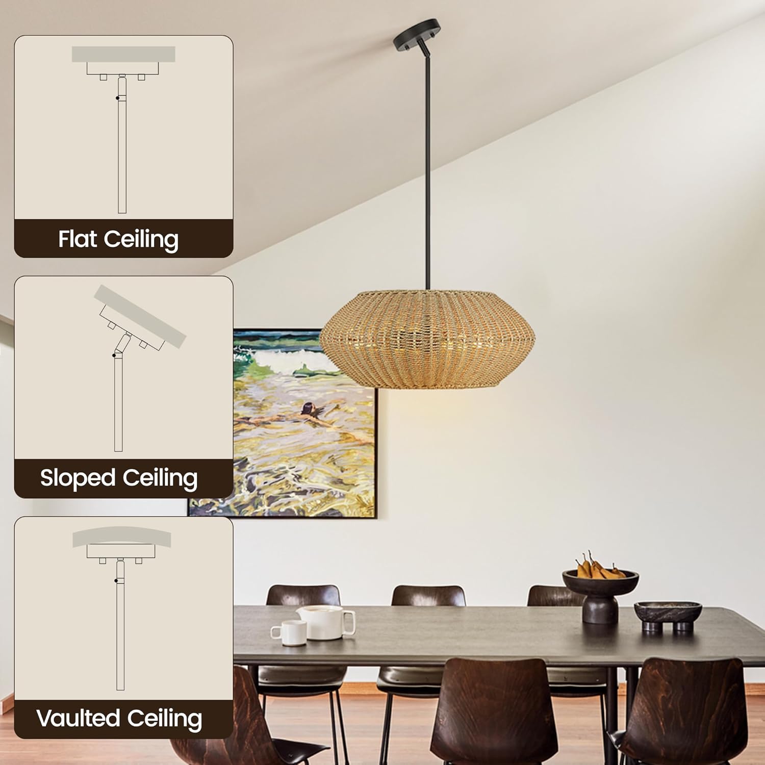 4-Light Rattan Chandelier for Dining Room, 20" Handwoven Seagrass Pendant Light, Brown Wicker Adjustable Hanging Rattan Light Fixture for Kitchen Island, Living Room, Bedroom, Entryway